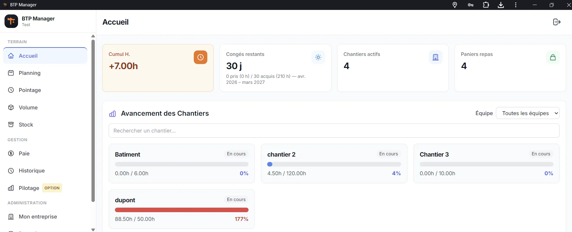 Logiciel de suivi de chantier BTP Manager : tableau de bord, heures et rentabilité chantier