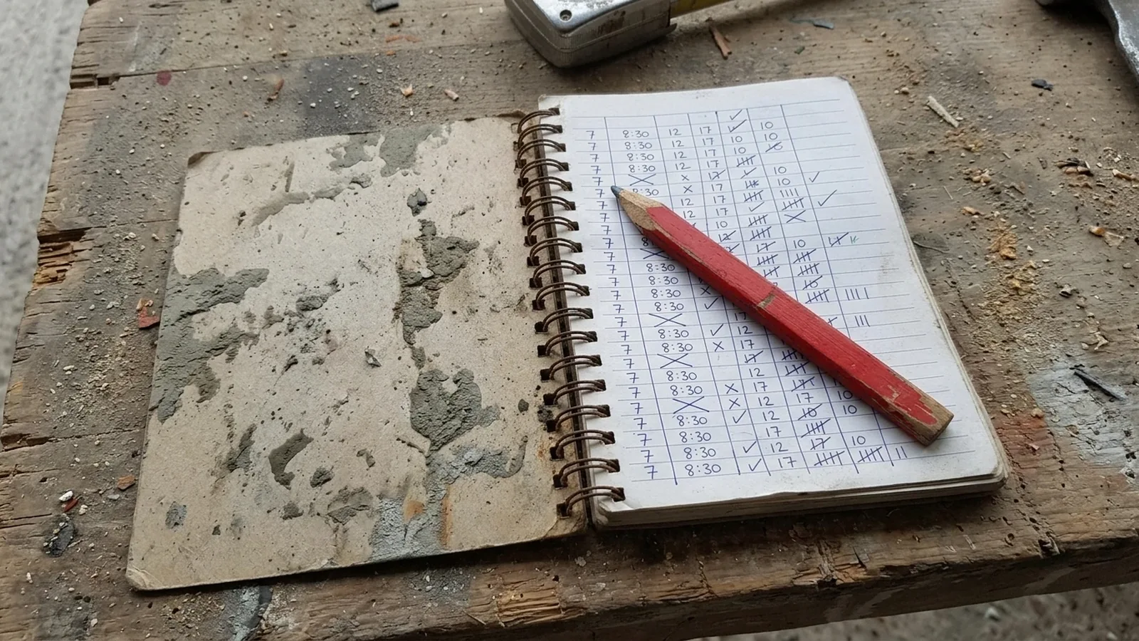 Vieux carnet de pointage à spirale, taché de ciment, ouvert sur un établi en bois, rempli d’heures et de coches au crayon