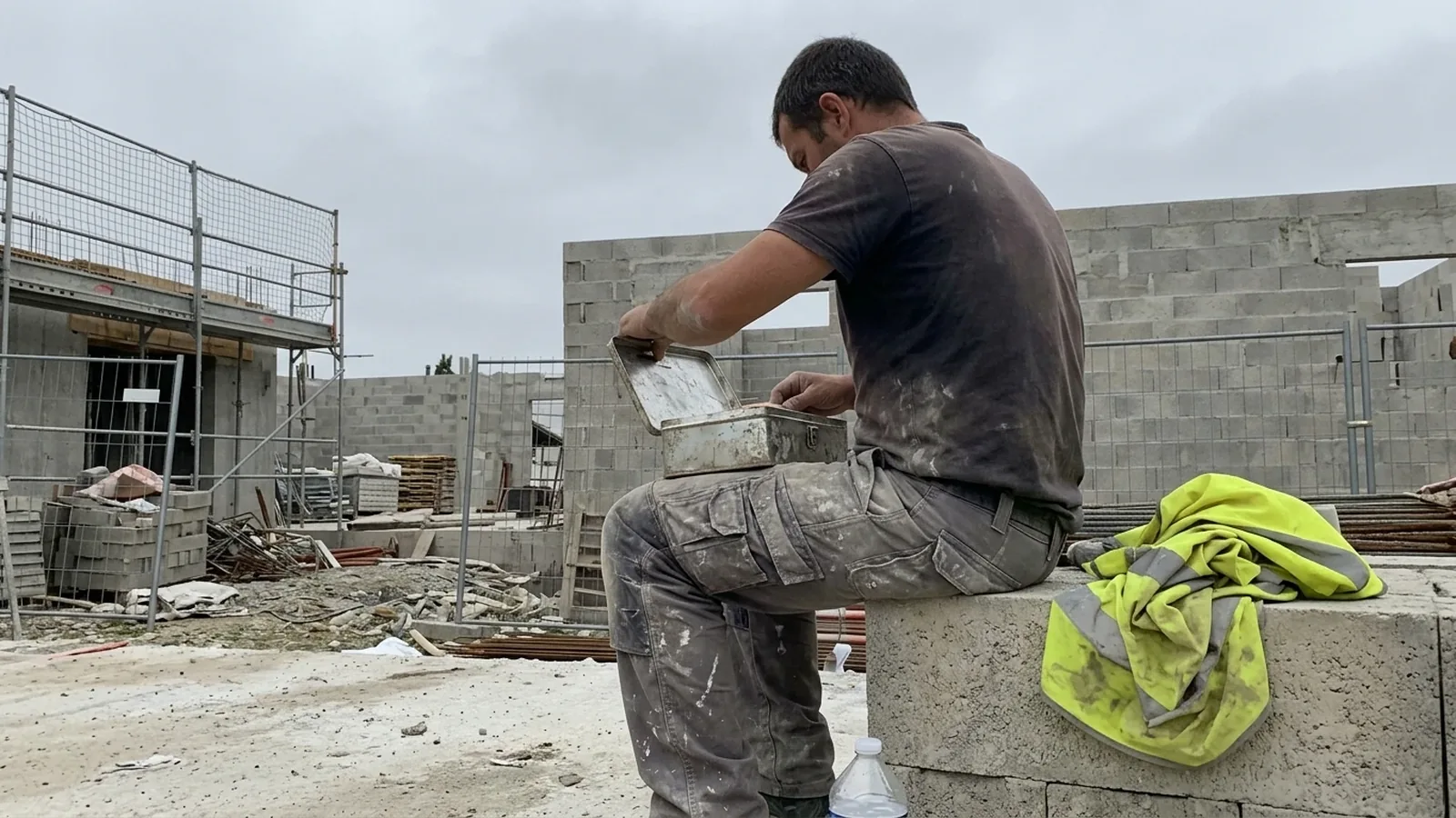 Ouvrier du bâtiment assis sur un parpaing sur un chantier, ouvrant sa gamelle de repas, gilet haute visibilité posé à côté