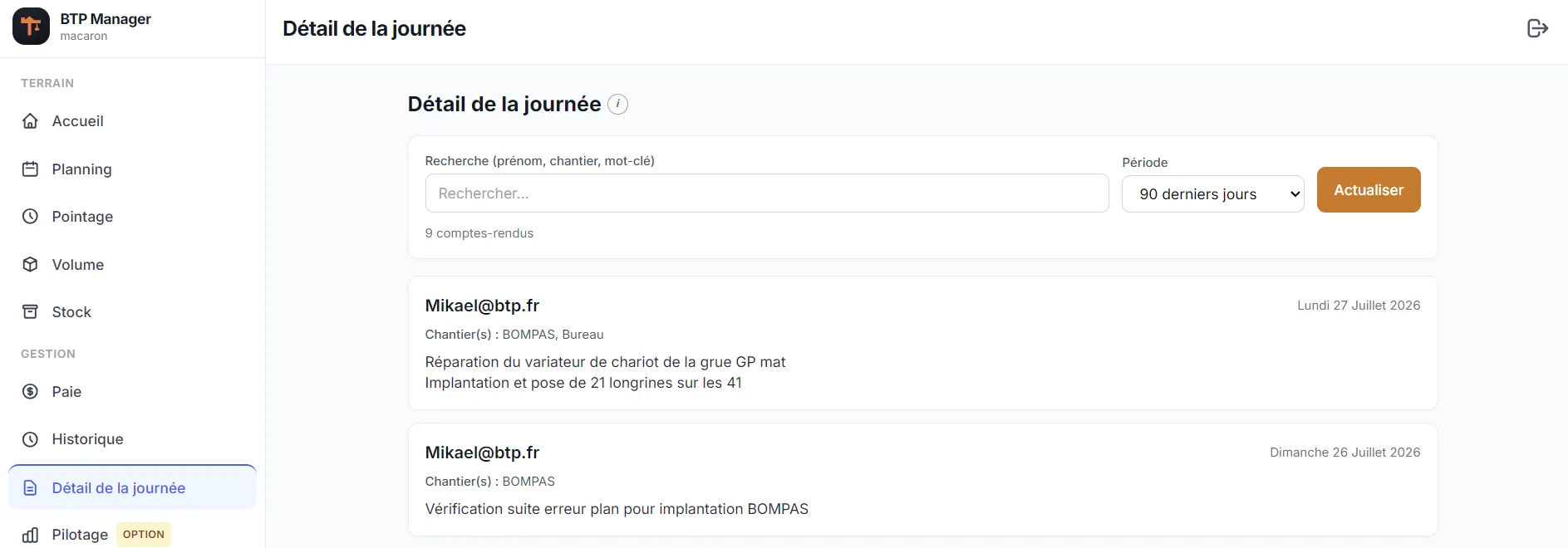 Logiciel de suivi de chantier : comptes rendus de journée datés dans BTP Manager