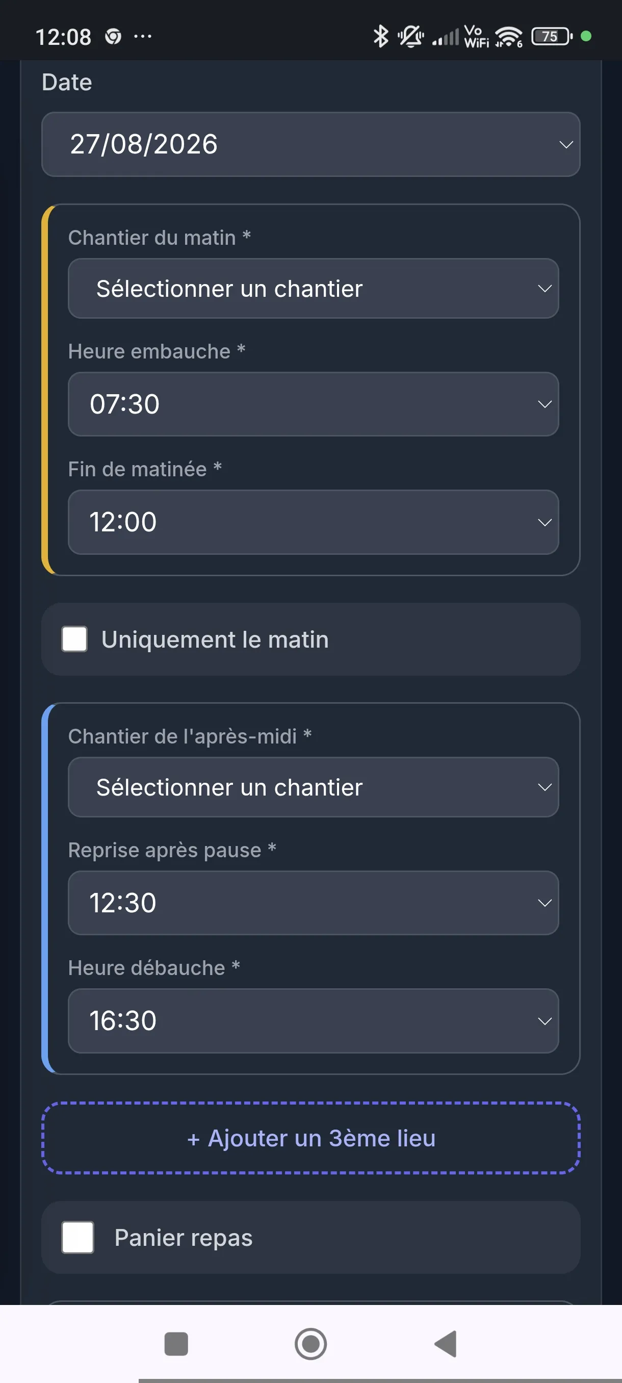 Application de pointage chantier BTP Manager : heures du jour sur téléphone